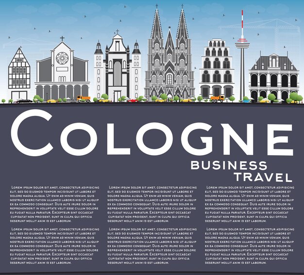 Lo skyline di colonia con edifici grigi, cielo blu e spazio di copia. illustrazione di vettore. viaggi d'affari e concetto di turismo con architettura storica. immagine per presentazione banner cartellone e sito web.