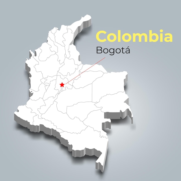3D карта Колумбии с границами регионов и ее столицы