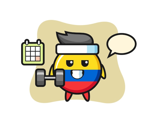 Fumetto della mascotte del distintivo della bandiera della colombia che fa forma fisica con il dumbbell