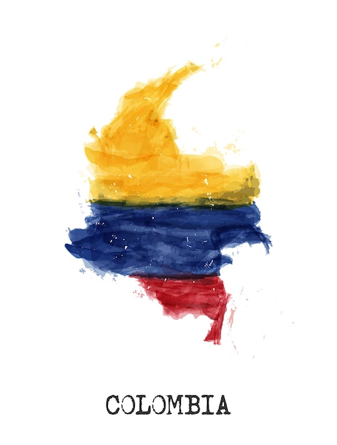 Colombia flag and map watercolor painting design . Realistic drawing country shape . White isolated background . Vector .