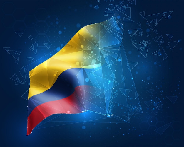 コロンビア、旗、青い背景の三角形のポリゴンからの仮想抽象的な3dオブジェクト
