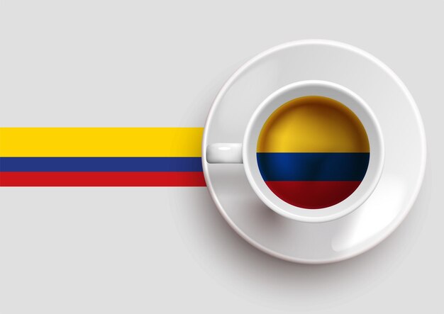 Bandiera della colombia con una gustosa tazza di caffè in vista dall'alto