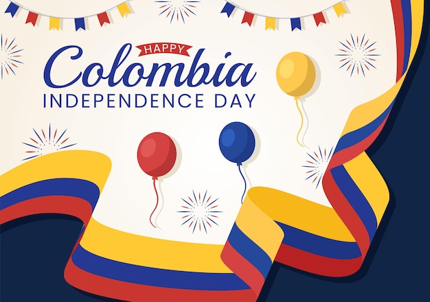 Colombia independence day illustration with waving flag in national holiday celebration templates