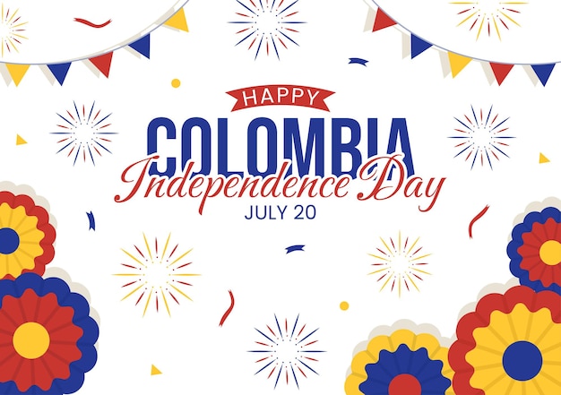 Colombia independence day illustration with waving flag in national holiday celebration templates