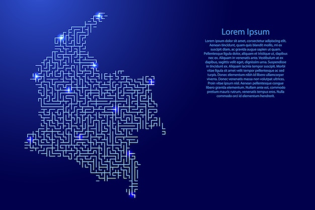 Colombia map from blue pattern of the maze grid and glowing space stars grid.