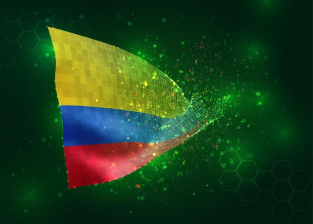 Colombia on vector 3d flag on green background with polygons and data numbers