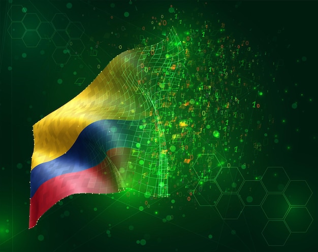 Colombia, vector 3d flag on green background with polygons and data numbers