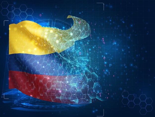 Colombia vector flag virtual abstract 3D object from triangular polygons on a blue background