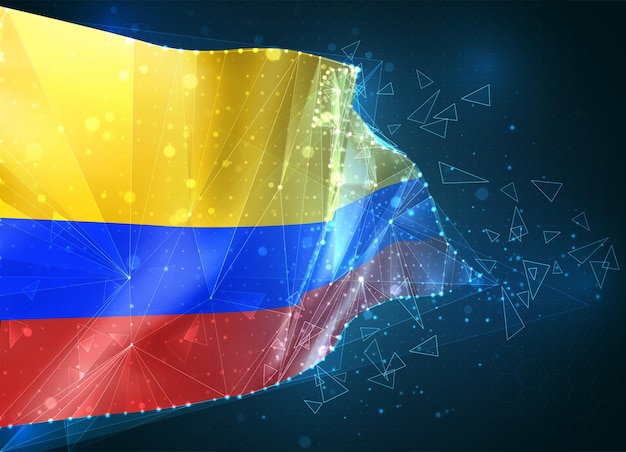 Colombia, vlag, virtueel abstract 3D-object van driehoekige veelhoeken op een blauwe achtergrond