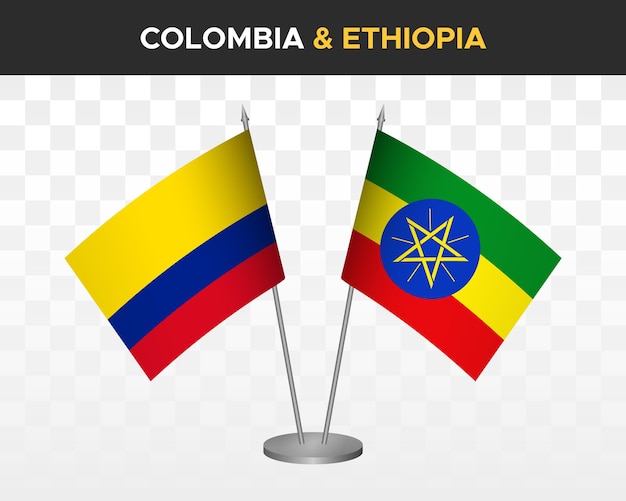 Bandiere da scrivania colombia vs etiopia mockup isolate 3d illustrazione vettoriale bandiere da tavolo