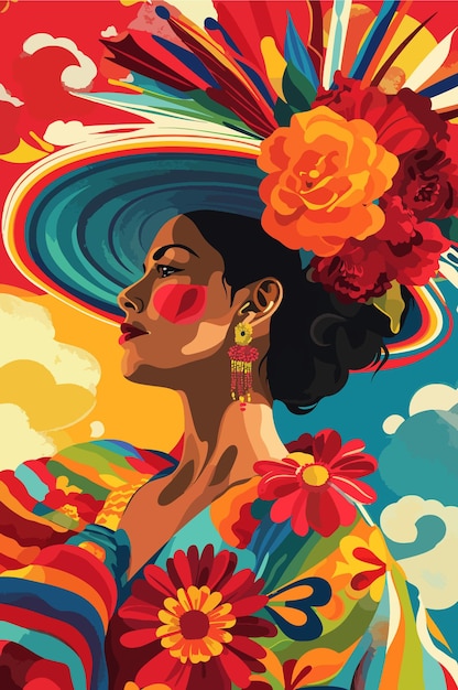 Vector colombiaanse vrouw in feestelijke kleding met bloemige hoofdtooi vector poster