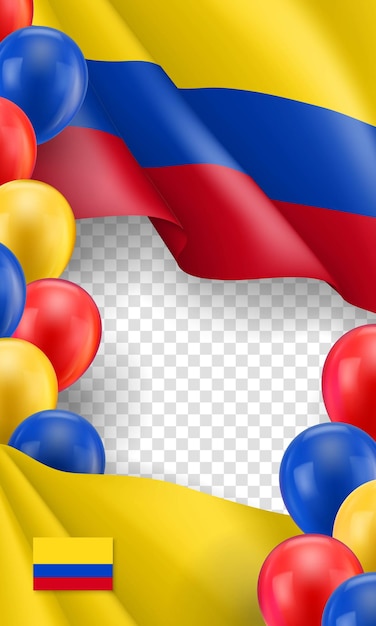 Colombian patriotic template with copy space realistic waving colombian flag and colorful helium balloons on transparent background independence and freedom democracy and patriotism vector banner