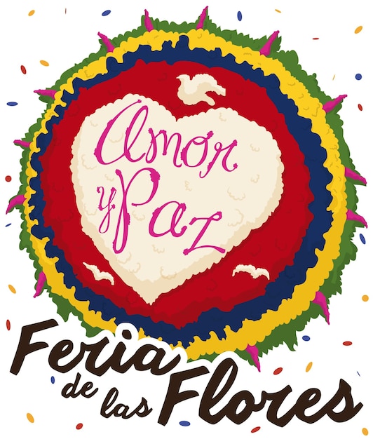 Vector colombian silleta with heart and doves decorated with confetti rain for festival of the flowers