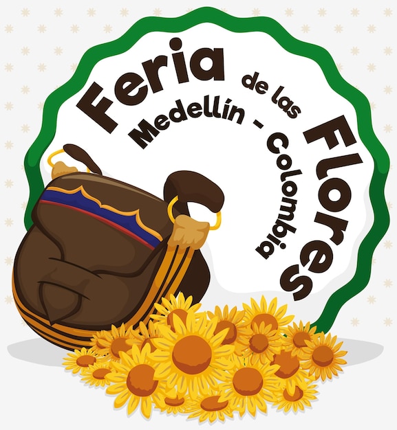 스페인어로 작성된 꽃 축제를 위한 콜롬비아 전통 캐리엘 가방과 데이지