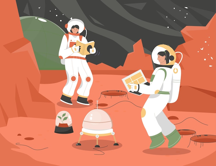 Vector colonization mission of mars scene female astronauts doing research