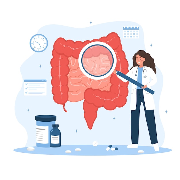 Vector colonoscopy concept proctologist writing results of examine intestine top view doctor workplace with lists pills and stethoscope vector illustration in flat cartoon style prevention of cancer