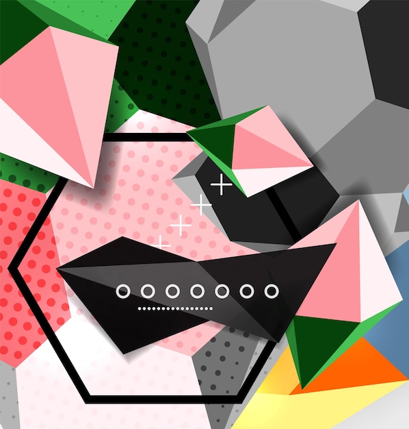Vector color 3d geometric composition poster vector illustration of colorful triangles pyramids hexagons and other shapes on grey background