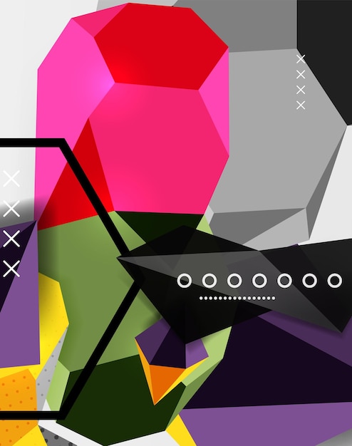 Poster di composizione geometrica a colori 3d illustrazione vettoriale di triangoli colorati piramidi esagoni e altre forme su sfondo grigio