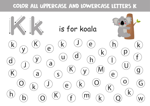 Color all letters K. Educational worksheet for school and kindergarten. K is for koala