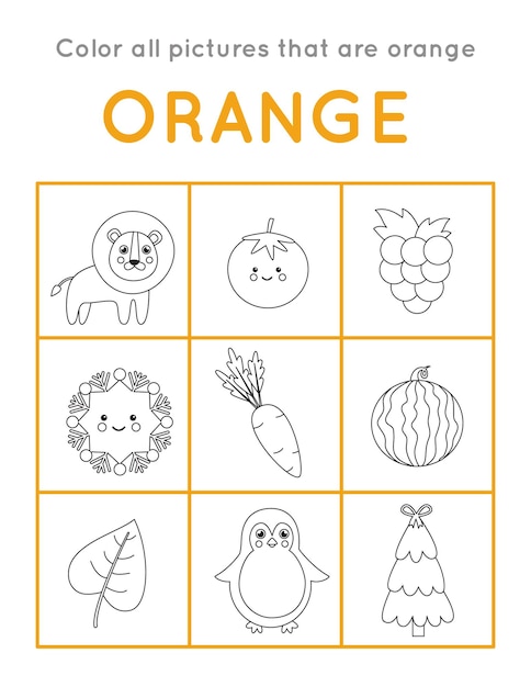 Vector color all objects that are orange color. educational coloring game for kids.