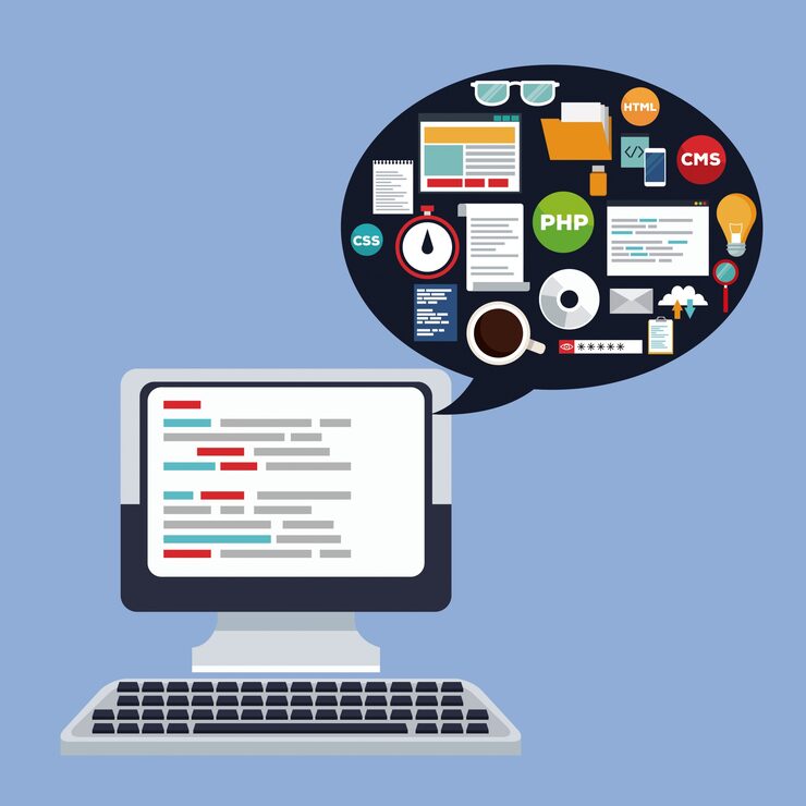 Vector color background desk computer device with with dialog box and programming language elements inside