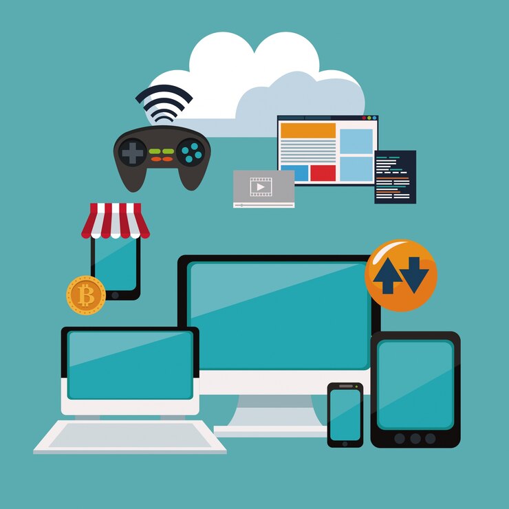 Vector color background of set tech and storage devices