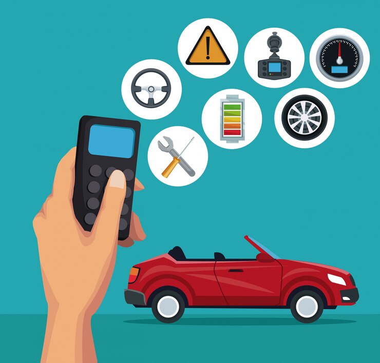 Vector color background of sport convertible car and remote control with button elements satellite search vehicle