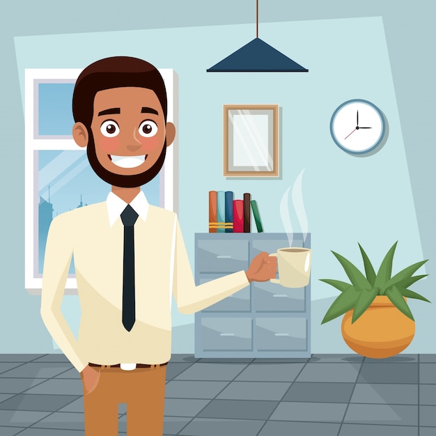 Цвет фона рабочего места офиса половина тела бородатый и брюнетка человек с чашкой кофе