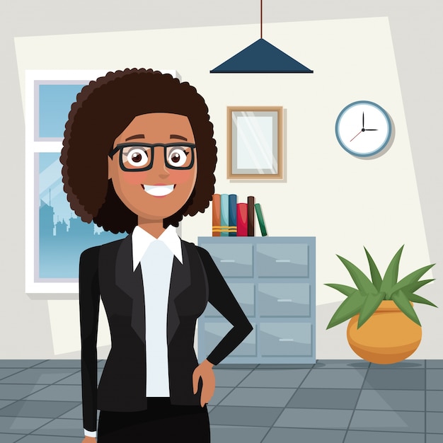 Vector color background workplace office half body elegant executive brunette curly woman with glasses