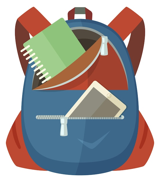 Vector color backpack with tablet and notepad student bag cartoon icon