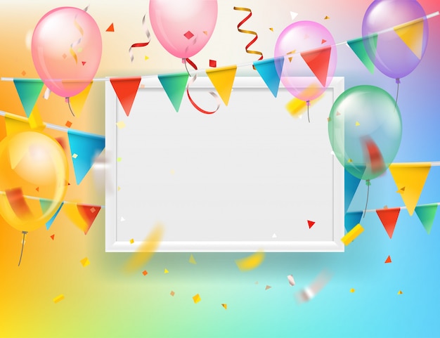 Color ballons and flags and confetti with blank white frame.  greeting card template