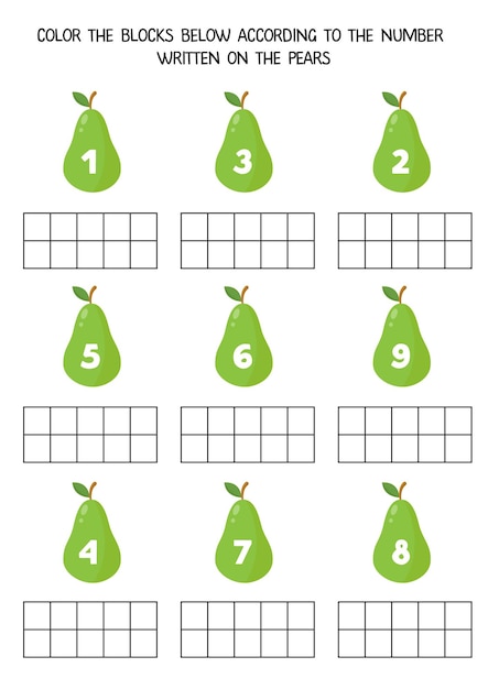 梨の数字に応じて下のブロックに色を付けます。子供向けの算数ワークシートです。