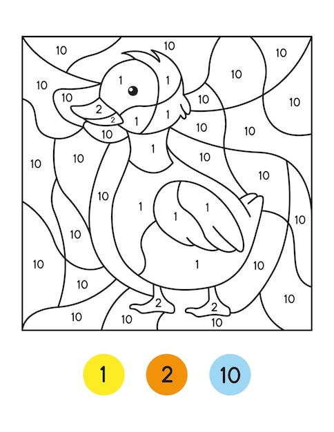 Vector color by number activity, color by code activity for kids, duck coloring page vector