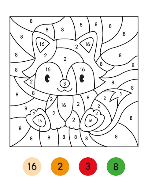 Color by number activity, Color by code activity for kids, Fox coloring page vector