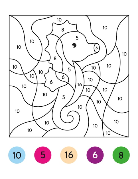 Color by number activity, Color by code activity for kids, Seahorse coloring page