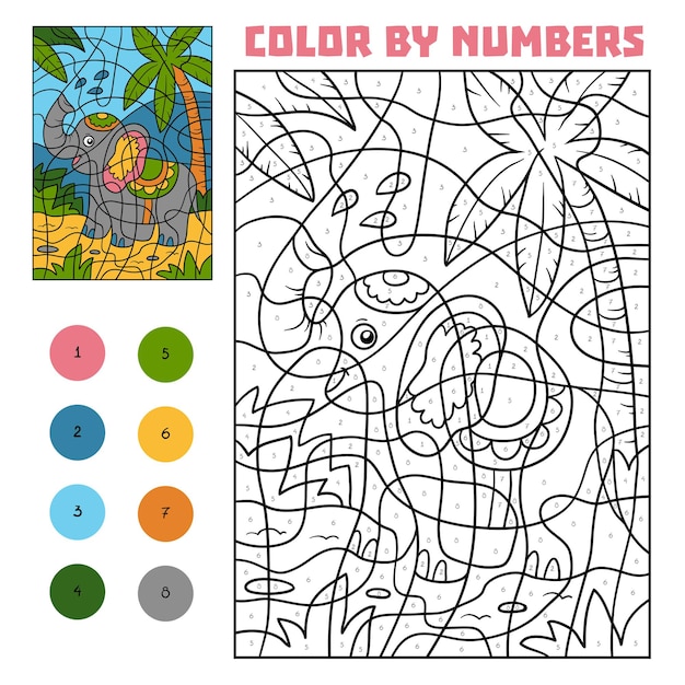 Color by number, education game for children, Elephant