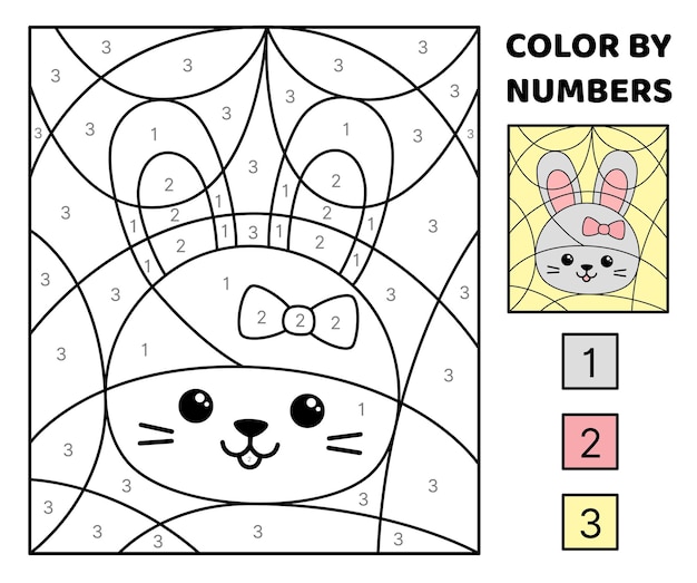벡터 숫자에 따라 색 핑크색 활을 가진 재미있는 소녀 토끼 그림 페이지 어린이용 게임 만화 터