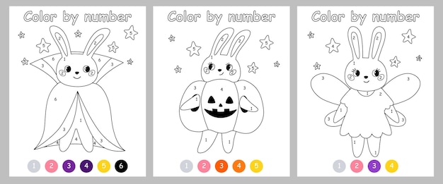 아이들을 위한 숫자 게임으로 색칠하기 할로윈 의상을 입은 토끼 토끼 뱀파이어 요정과 호박 학교 및 유치원 학습 숫자 활동을 위한 솔루션이 포함된 인쇄용 워크시트