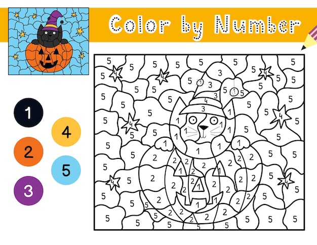 Color by number game for kids. coloring page with cute halloween pumpkin and a cat