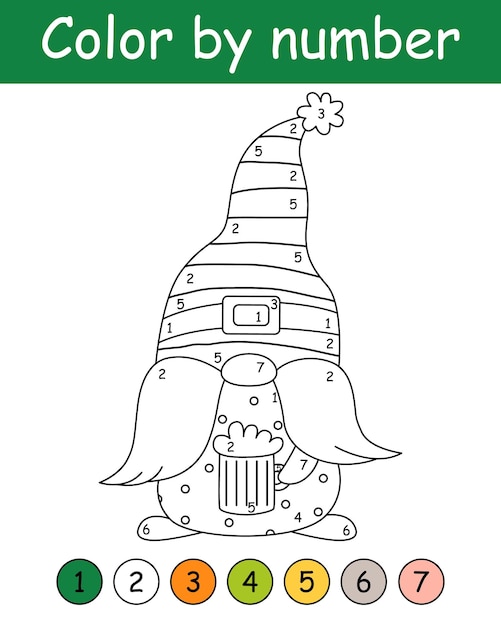 Color by number game for kids Cute gnome with mug beer St Patrick's Day coloring book Printable worksheet with solution for school and preschool Learning numbers activity