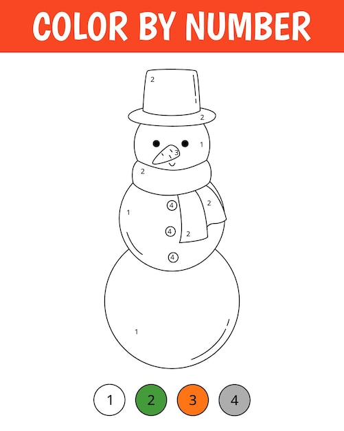 Color by number game for kids Cute snowman Christmas coloring page Printable worksheet with solution for school and preschool Learning numbers activity Vector cartoon illustration