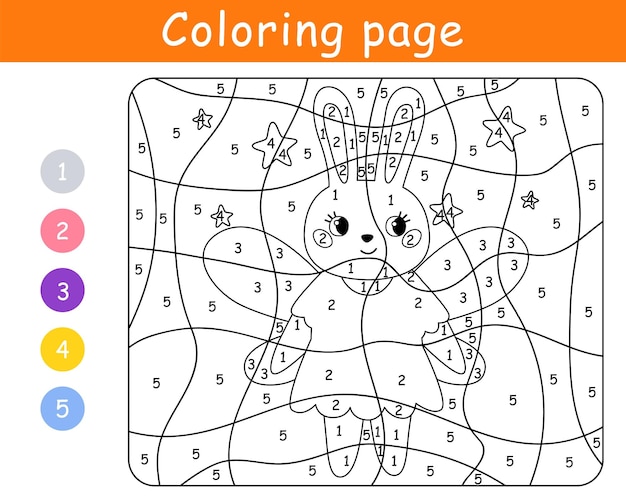 Color by number game for kids Rabbit in costume fairy Halloween bunnyPrintable worksheet Coloring page