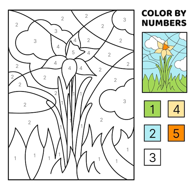 벡터 숫자에 의한 색상 나르키수스 노란색 봄 꽃 어린이용 게임 만화 터