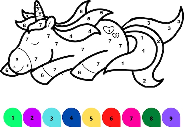 Vettore colorare per numero disegni da colorare unicorno per bambini libri di attività disegni da colorare v7