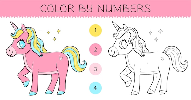 Vettore colore per numero libro da colorare per bambini simpatico unicorno pagina da colorare versioni monocromatiche e a colori