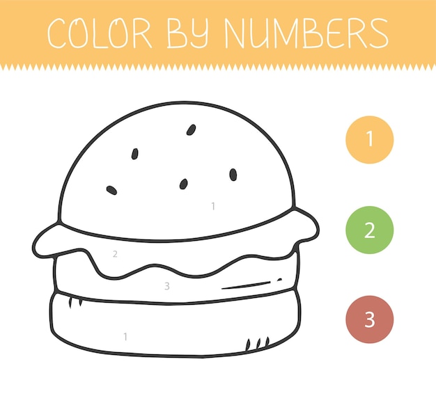 Color by numbers coloring book for kids with a burger coloring page with cute cartoon hamburger