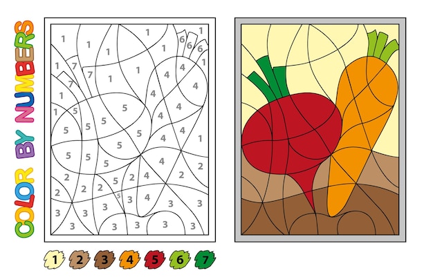 Colore per numeri. gioco di puzzle per l'educazione dei bambini. numeri e colori per disegnare e imparare la matematica. verdure vettoriali