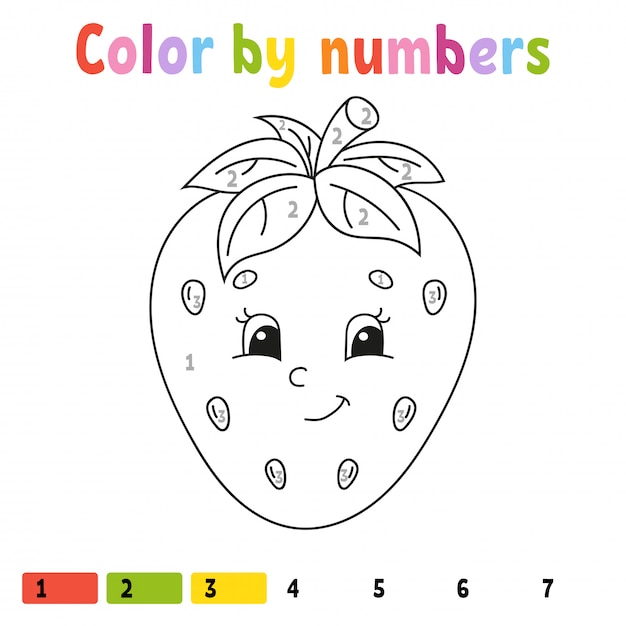 Color by numbers strawberry. coloring book for kids. food character.