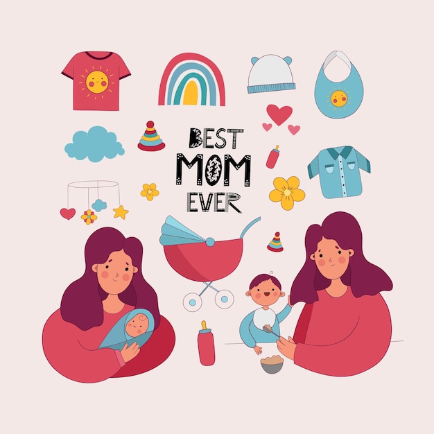 Цветная карта на день матери векторные иллюстрации мама и ребенок