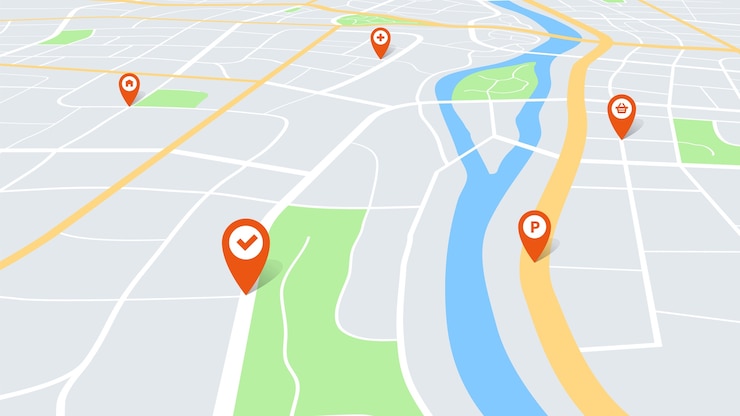 Vector 赤いナビゲーションポインタを使用した遠近法によるカラー地図作成都市計画